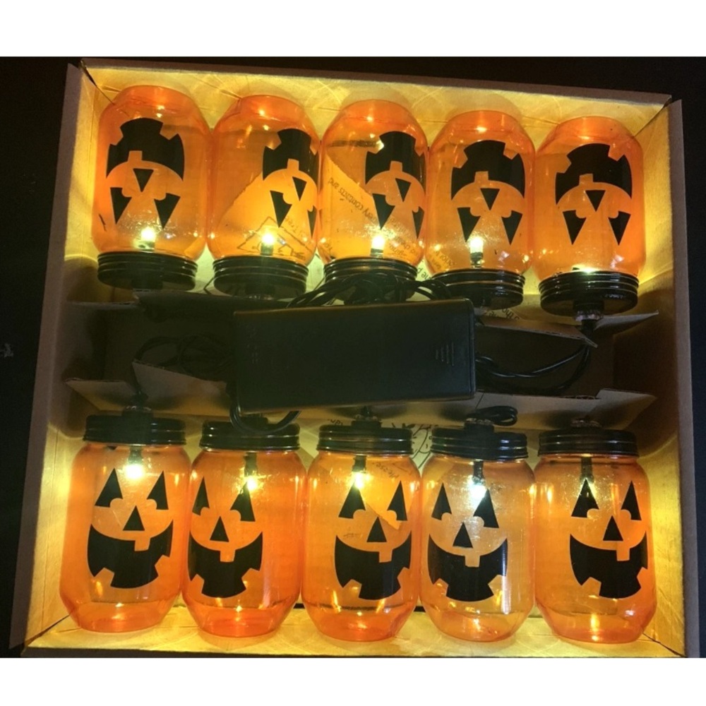 HALLOWEEN STRING LIGHTS 10 MASON JARS Jack o Lantern Orange Plastic Decal Face